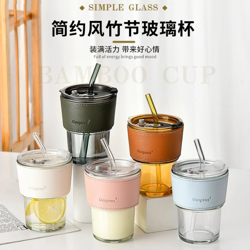 Ins Style 400ML Glass Bamboo Cover Cup Coffee Mug Cup Sleeve Holder Waterproof Water Cup With Lid Straw Set