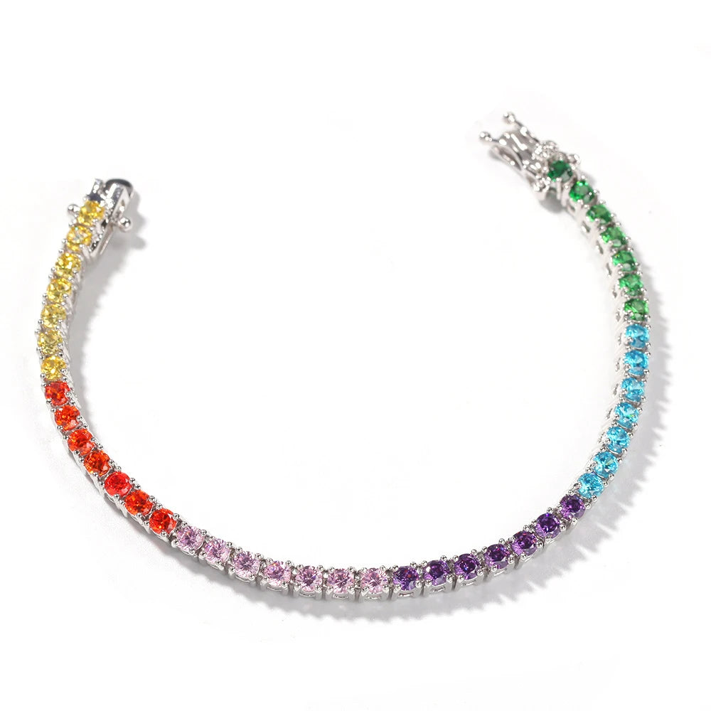 TOP ICY Fashion New Design 4mm Rainbow  Colorful Tennis Chain Bracelet Hip Hop Jewelry Wholesales Women Men Children