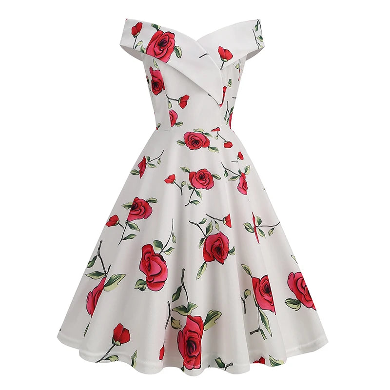 Women Lady Big Girls Floral Dresses Party Cocktail Retro Swing Dress off Shoulder Vintage Print Dress