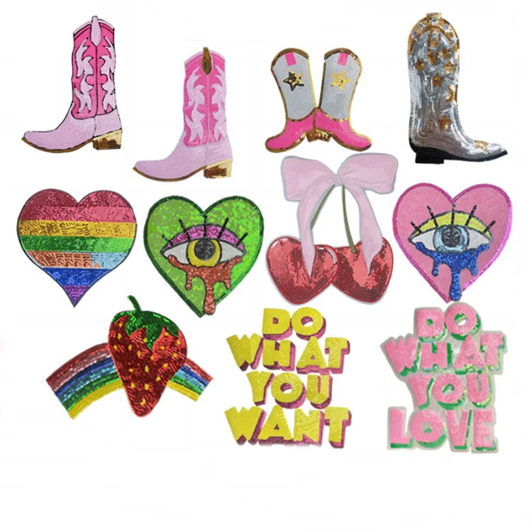 Wholesale Big Size Love Heart Boot  Patch Clothes Iron on Sequins Patches for Clothing Bags