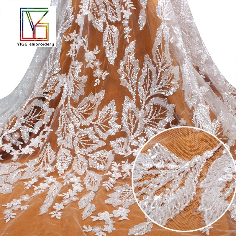 Luxury Beads Tulle Fabric African Wedding Bridal Embroidery Floral Beaded Fabric Lace With Sequins Dress Fabric for