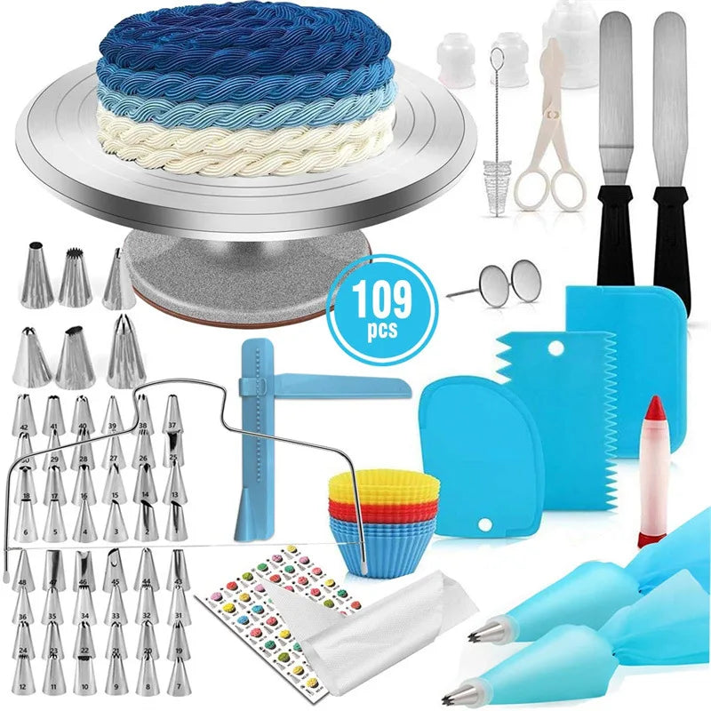 109pcs Cake Decorating Tools Kit Pastry Baking Utensils Aluminum Alloy Turntable Stand with 48pcs Icing Piping Tips Nozzle
