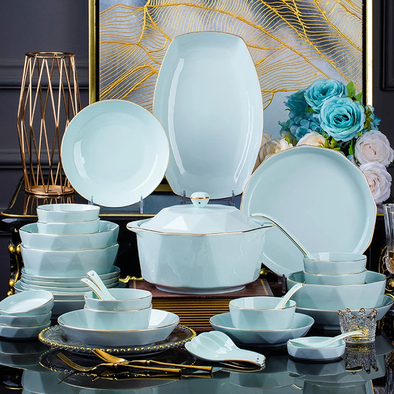 Hot Sale Bone China Polygonal Bowls and Plates Painted Gold Green Glaze Household Utensils and Dishes