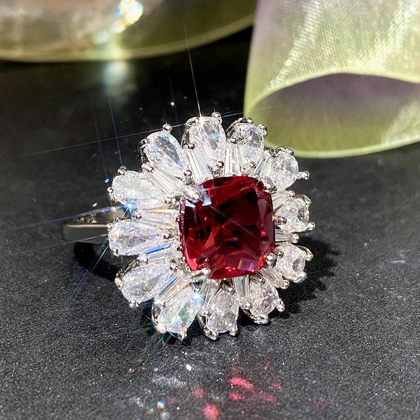 CAOSHI Glorious Square Cushion Cut Ring Huge Ruby Stone Cubic Zirconia Silver Jewelry Charming Flower Women Diamond Rings