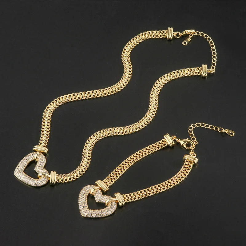 Ins Style Fashion Personality Stacked Thick Chain Necklace Bracelet Set Suit Hip-Hop Gold Heart Shaped Pendant