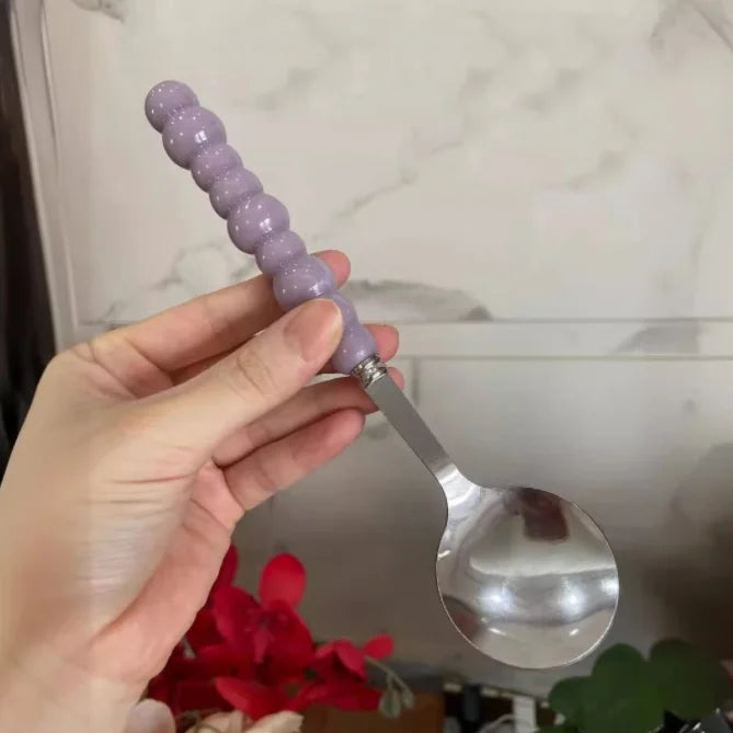 Household Colored Pearls Soup Spoon Ceramic Handle Luxury Spoon Stainless Steel Cutlery