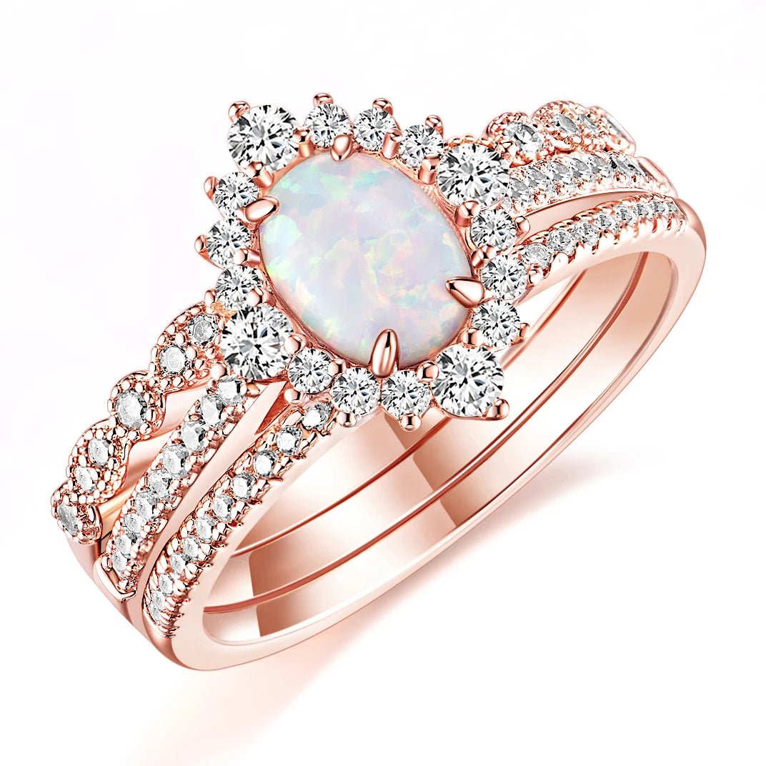OAHLAN Fashion Jewelry 1.5CT Oval Ring Sets Opal Cubic Zirconia 3Pcs Rose Gold Copper Ring for Women Engagement Wedding Band