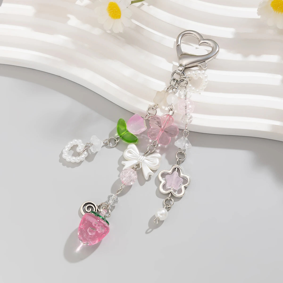 Y2K Heart Bow Strawberry Flower Pendants Key Chain Handbag Decoration for Women Fashion Lady Keychains Accessories Jewelry Gifts
