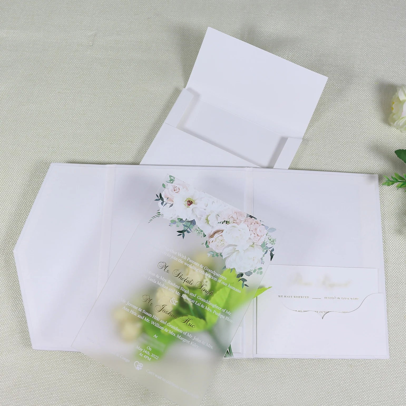 Fancy Tri-fold Hardcover Invitation Custom Gold Foil LOGO Clear Acrylic Wedding Invite with RSVP Card