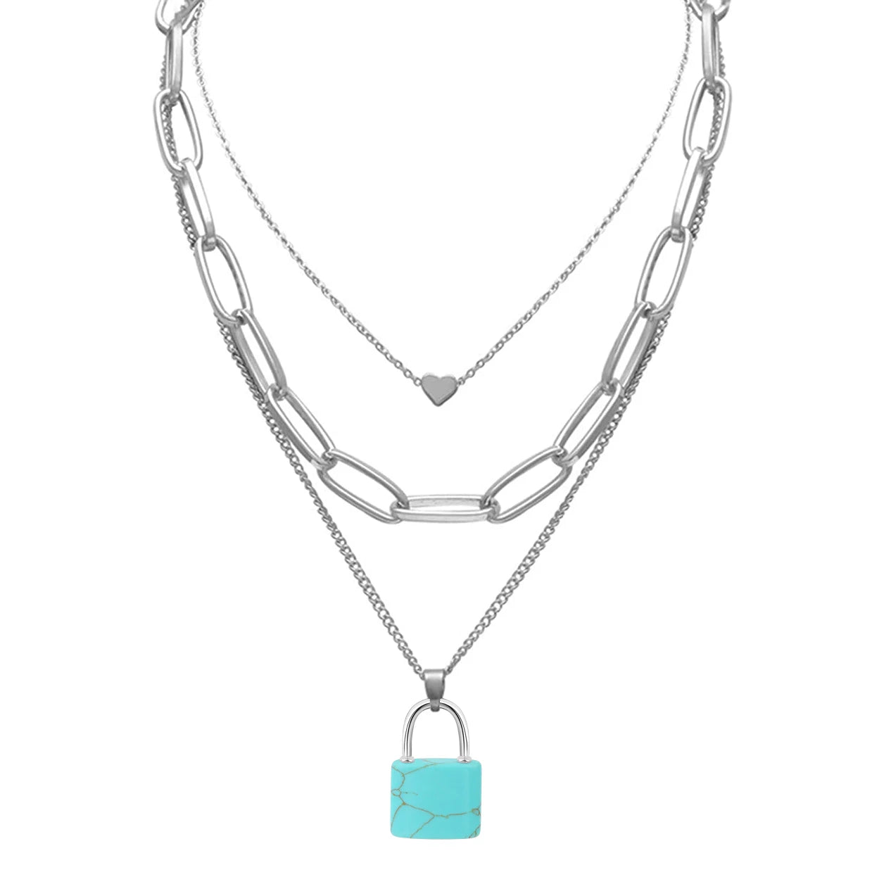 Hot Selling Personality Simple Women's Punk Paperclip Layered Choker Necklace Stainless Steel Lock Stone Necklace