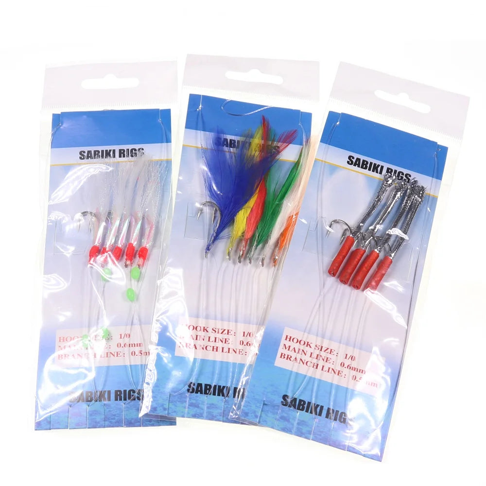 Saltwater Flasher Fish Skin Feather Sabiki Rigs Bait Fishing Lures with 4-8 Hook Fish Shrimp Squid Sabiki Rigs