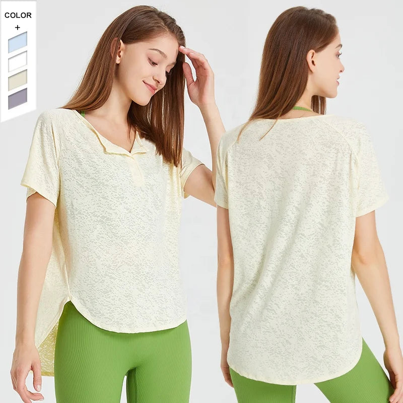 In Stock Lightweight Breathable Sports T--shirt Loose V-neck Solid Color Workout Short Sleeve
