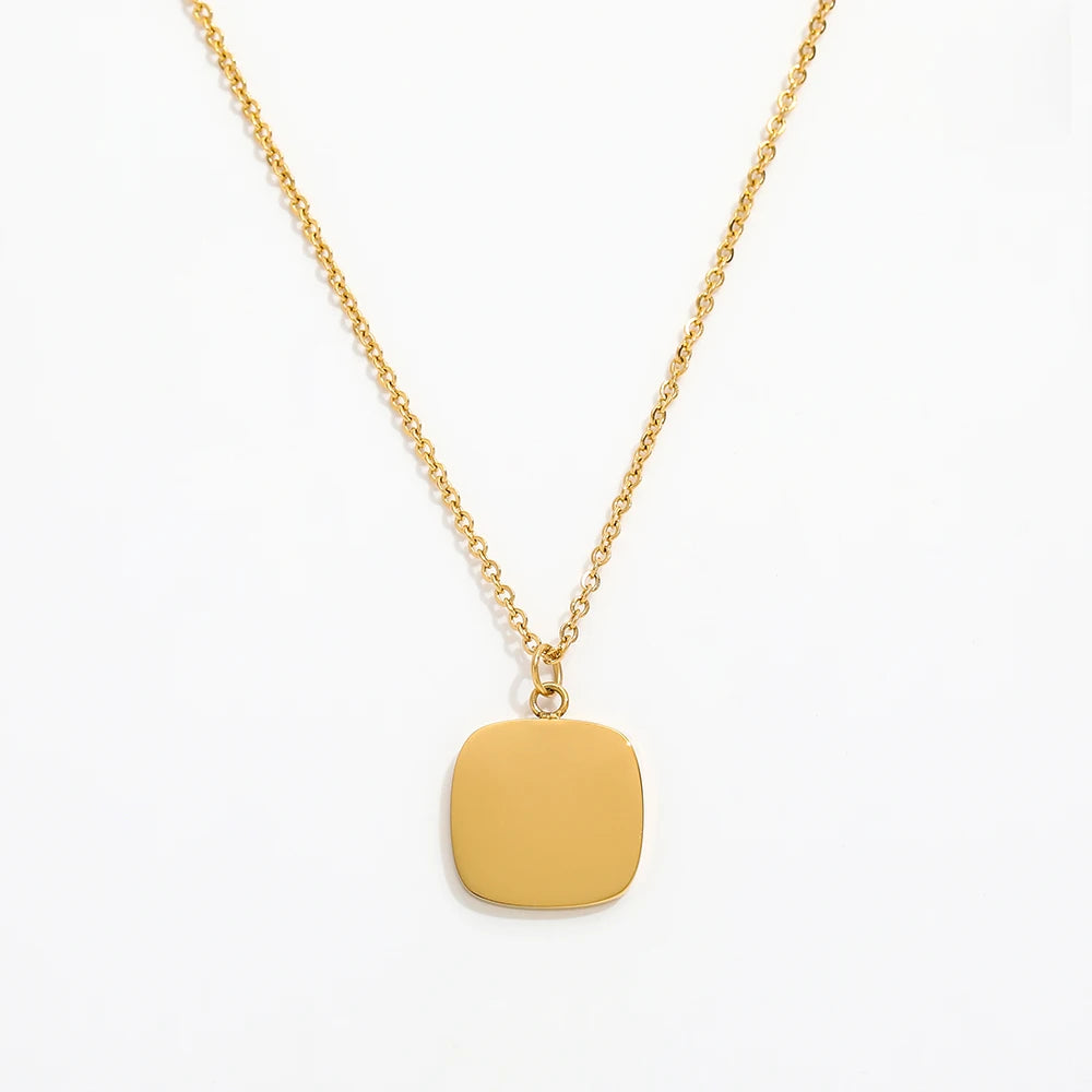 Joolim Jewelry 18K Gold Plated Stainless Steel PVD Link Chain Necklace Dainty Plain Square Pendant Sweater Necklace Design
