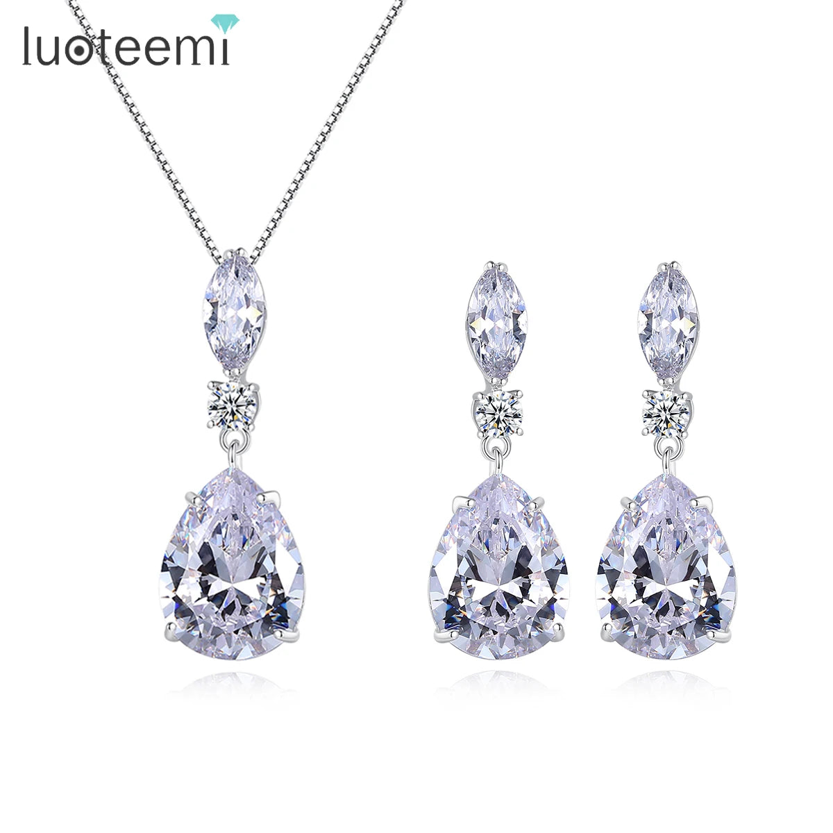 LUOTEEMI White Rhodium Gold Plated Bridal Wedding Jewelry Sets Cubic Zirconia Fancy Women Set