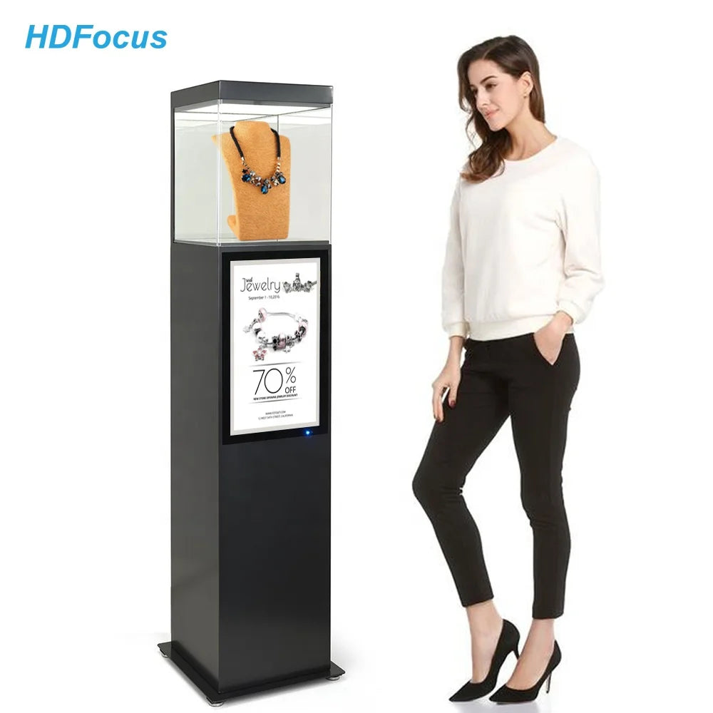 21.5" Floor Standing Display Case Kiosk Video Screen and Dimmable Led Lights Digital Signage and Display Exhibit Pedestal Case