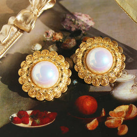 Maiou 2026 New Arrival Statement Designer Luxury Flower Sunflower 18K Gold Plated Pearl Stud Earrings Wedding Engagement
