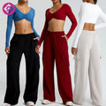 Wholesale Long Sleeve Ribbed Gym Top Sportswear Fitness Pocket Wide Leg Jogging Pants Yoga Workout Sets