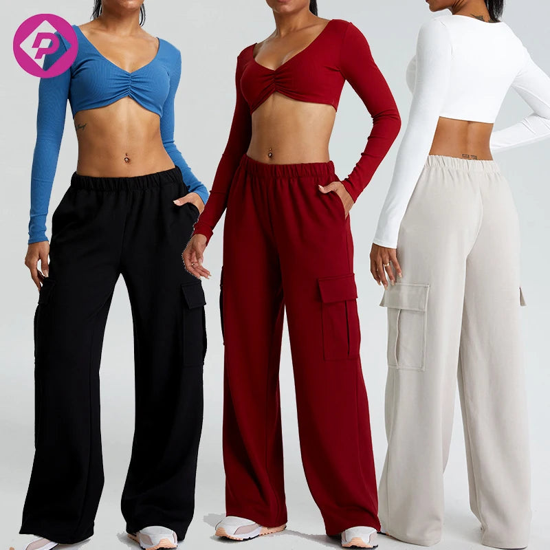 Wholesale Long Sleeve Ribbed Gym Top Sportswear Fitness Pocket Wide Leg Jogging Pants Yoga Workout Sets