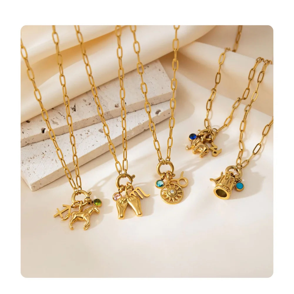 Make Your Own Necklaces Stainless Steel Zirconia 12 Zodiac Signs Birthstone Diy Sun Elephant Horse Charm Necklaces for Women