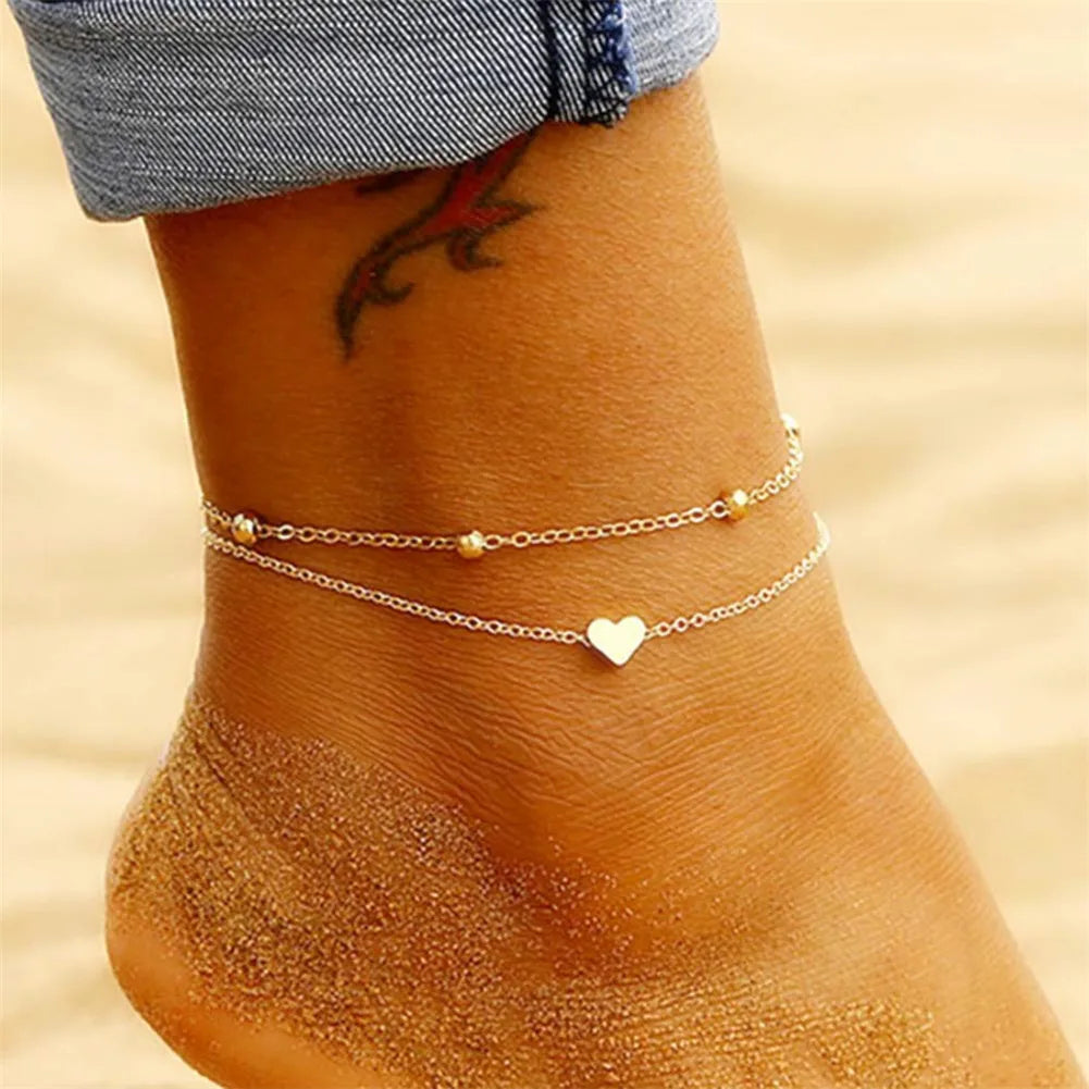 Fashion INS Stainless Steel Gold Plated PVD Plating Layered Beaded Chain  Heart Charm Anklet
