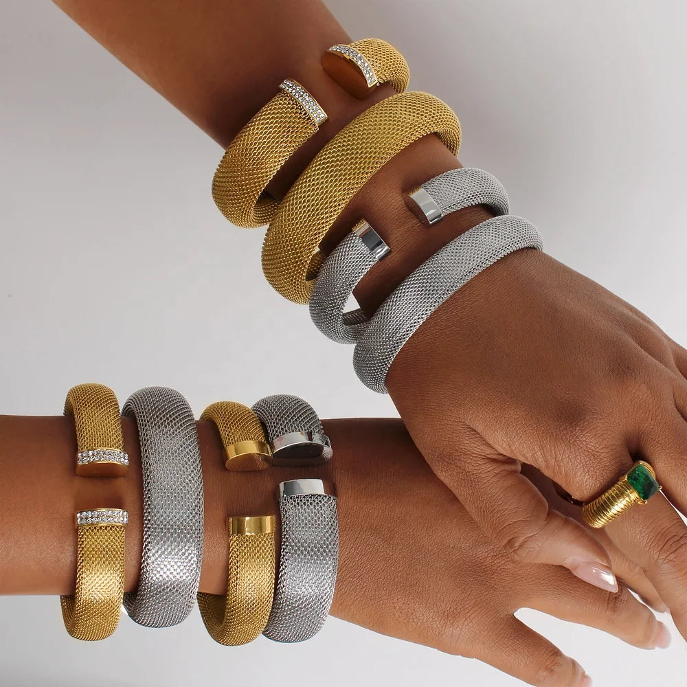 Wholesale High Quality Fashion Jewelry Bangle 18K Gold Plated Stainless Steel Chunky Mesh Design Open Bracelet Bangles for Women