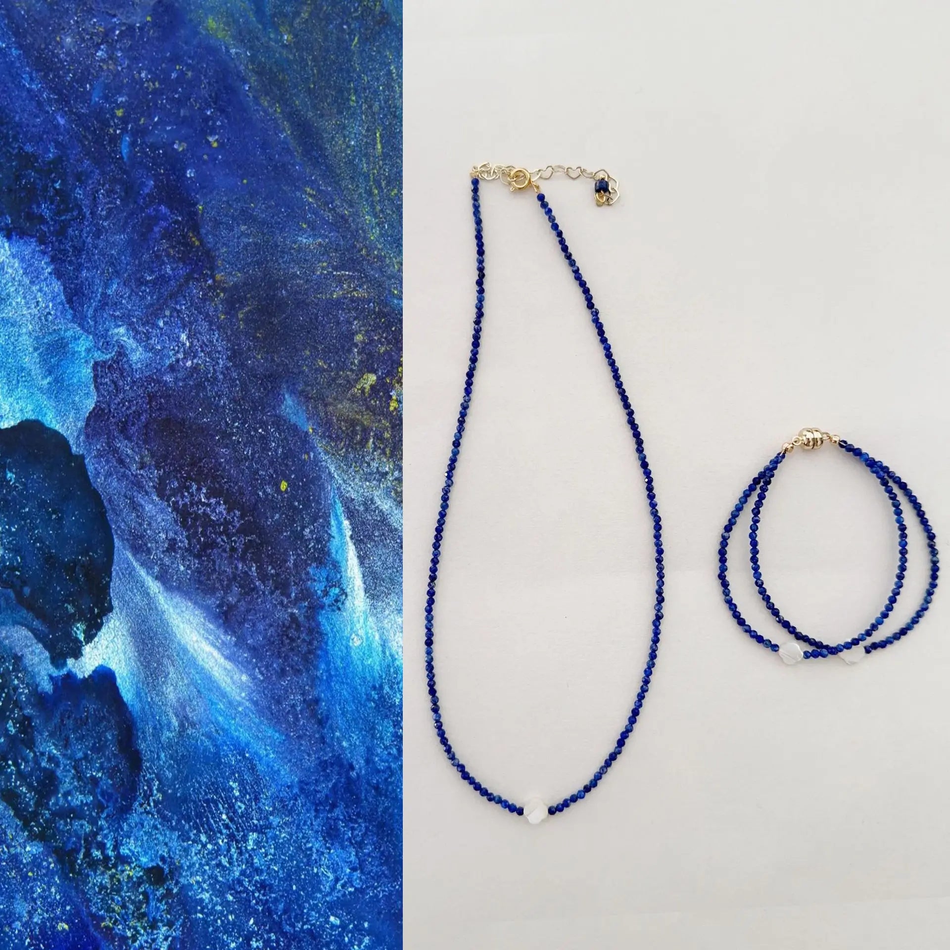 Handmade Royal Blue Lapis Lazio 18K Gold Plated Jewelry Set 2mm Thin Chain Bracelet Necklace Choker Collarbone Main Brass