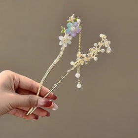 Chinese Ancient Style Full Rhinestone Flower Pearl Chopstick Hair Stick for Women Vintage Crystal Charm Hairpin Hair Wear