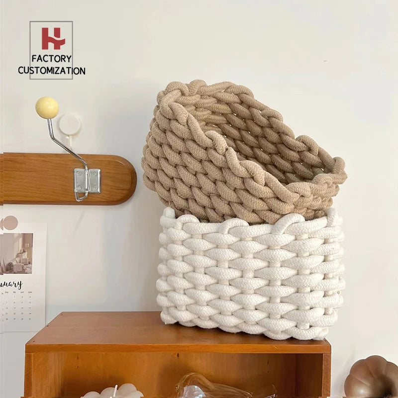 Zuijia Hand-woven Cotton Rope Basket Nordic Style Desktop Decoration Pieces Laundry Storage Baskets With Handle