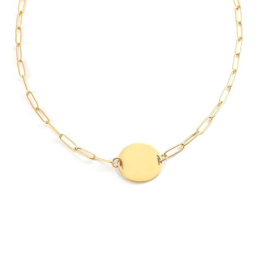 Wholesale Stainless Steel Gold Plated Paper Clip Chain Necklace with Round Pendant Trendy Link Chain for Gifts