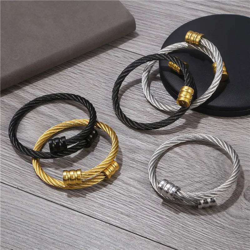 RisingMoonHigh Quality Adjustable Twisted Cable Cuff Bangle Bracelet Jewelry Polished Nut Stainless Steel Bracelets for Men