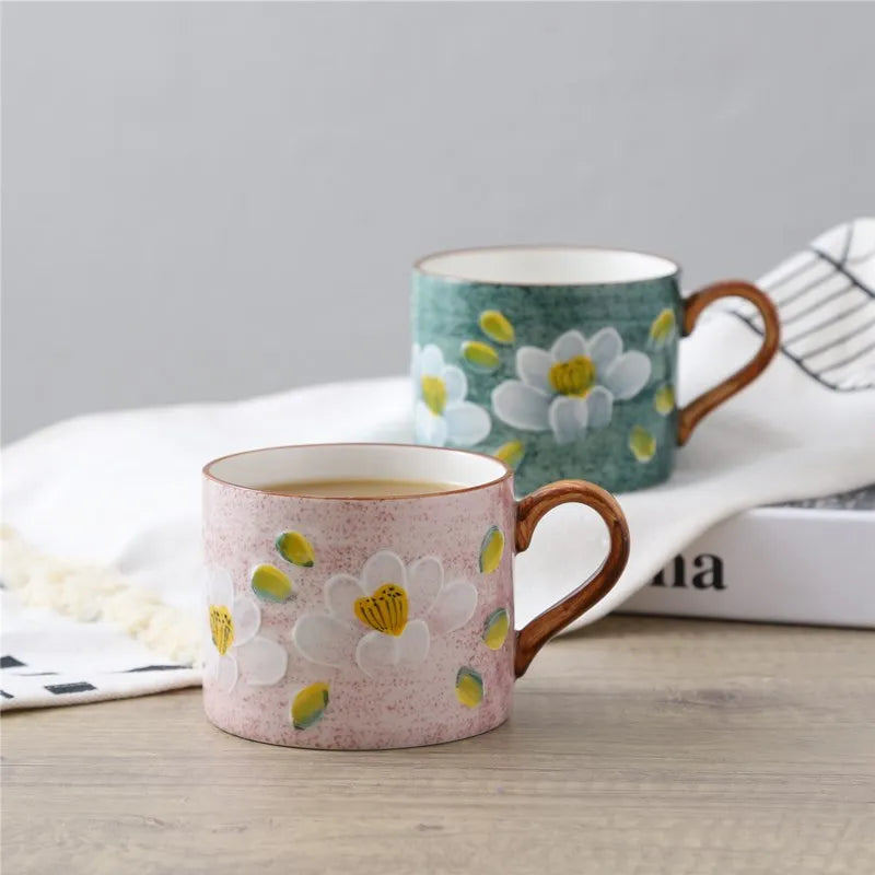 Creative Retro Hand Painted Flower Ceramic Mug Coffee Milk Mug 2022