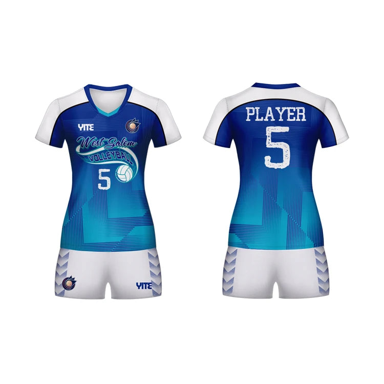 Custom Adult Volleyball Uniform Set with Printed Designs Color Blue 100% Polyester Quick-drying Unisex