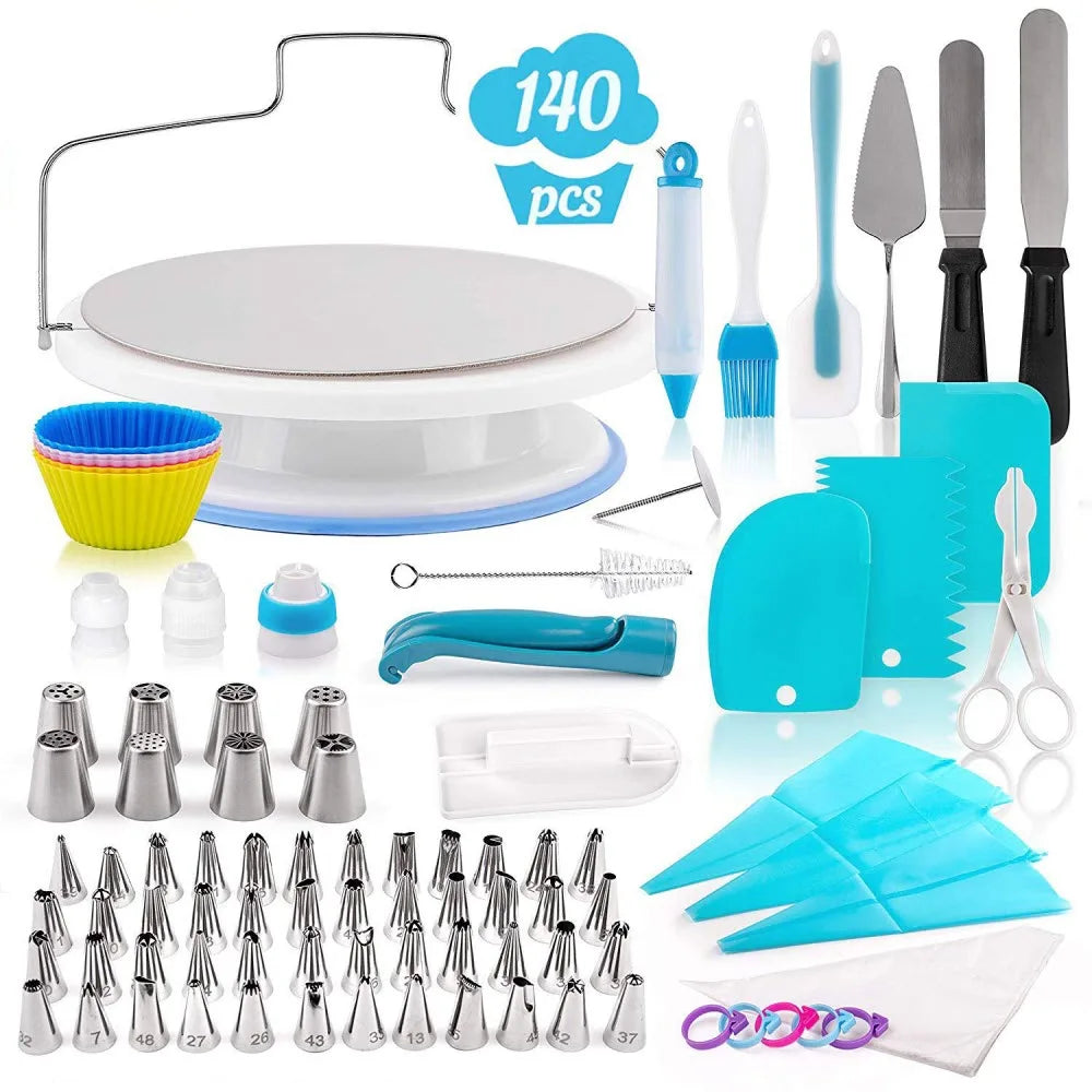 GeQing 140pcs Eco-Friendly Cake Decorating Tip Sets Cake Turntable Stand Tulip Pastry Nozzles Confectionery Bag Baking Tools