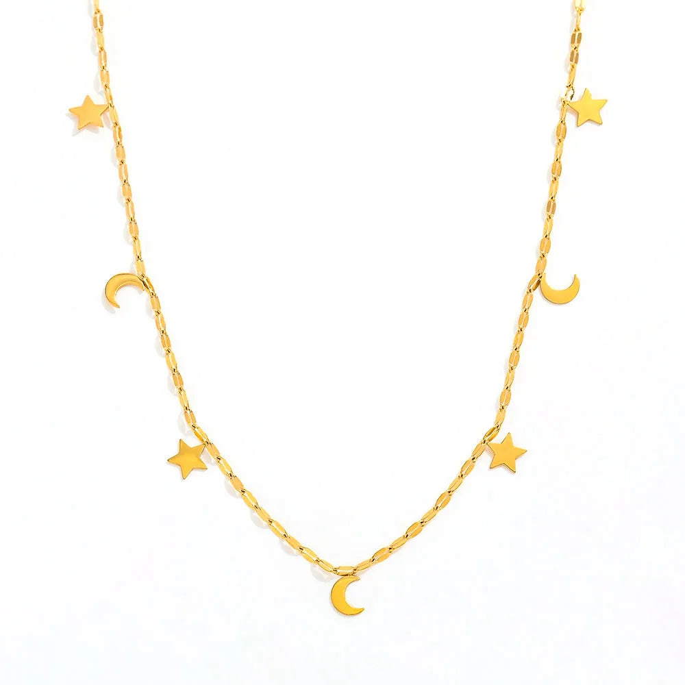 Joolim 18k PVD Gold Plated Lip Chain Moon Star Tassel Pendant Stainless Steel Necklace Trendy Jewelry