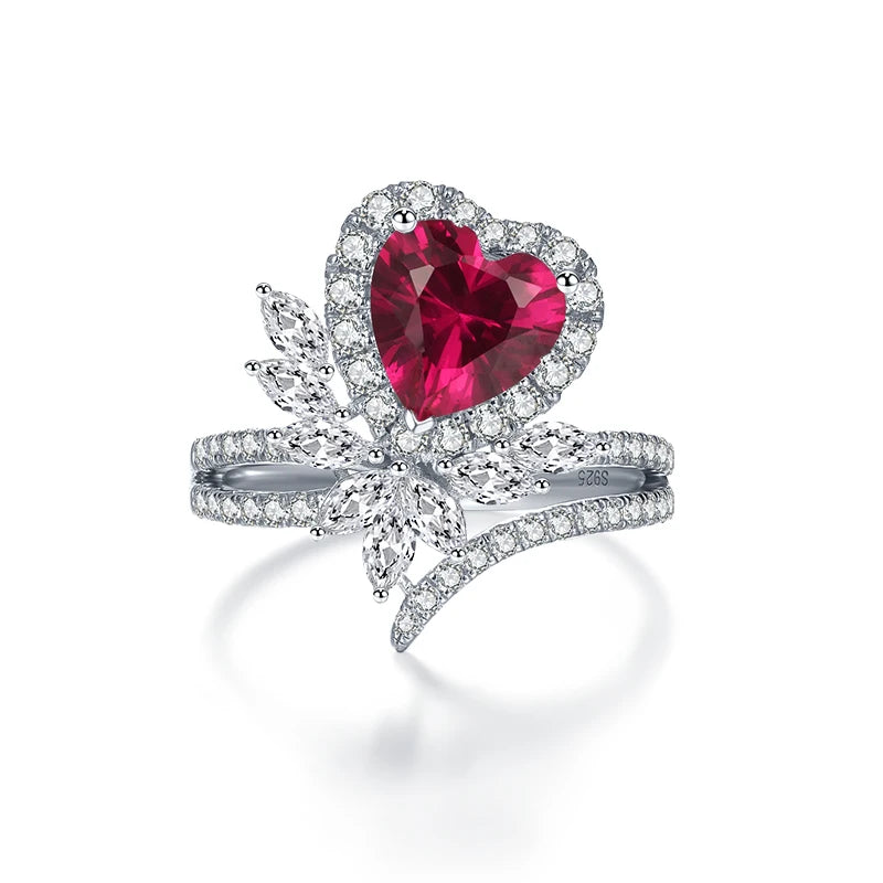 Custom Luxury Heart Ring Cubic Zirconia Eternity Promise Ring Women Jewelry Ruby Red Gemstone Crystal 925 Sterling Silver Ring