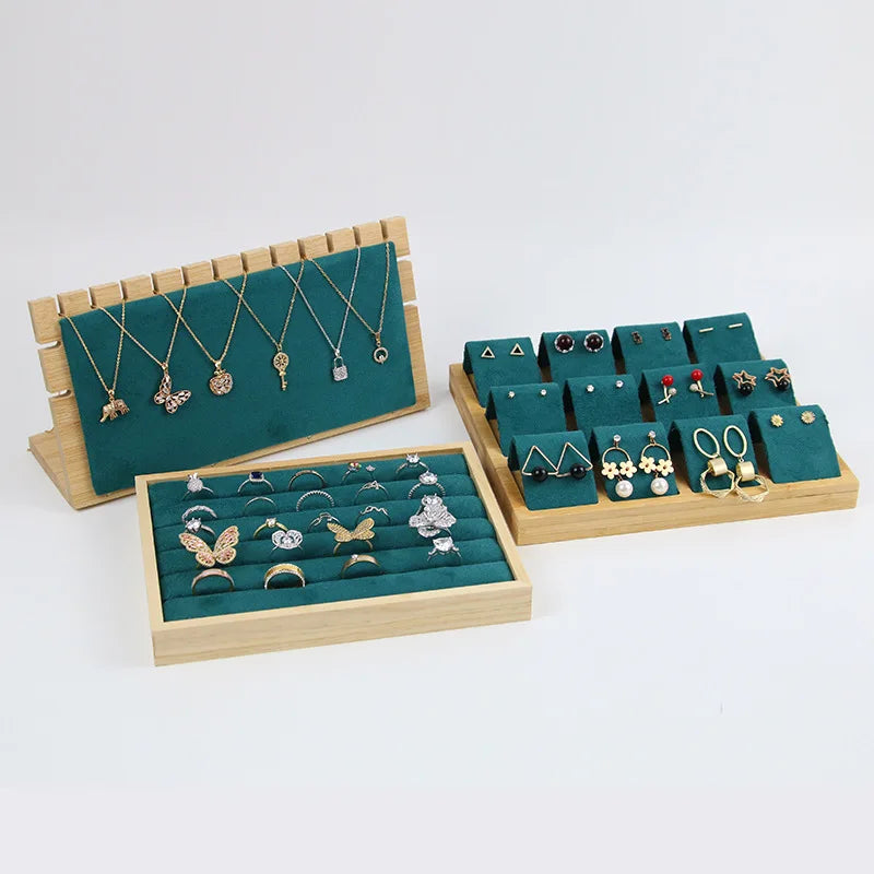 Green Jewelry Display Stand for Shop Table Microfiber Wood Bamboo Earring Rings Necklace Display Tray
