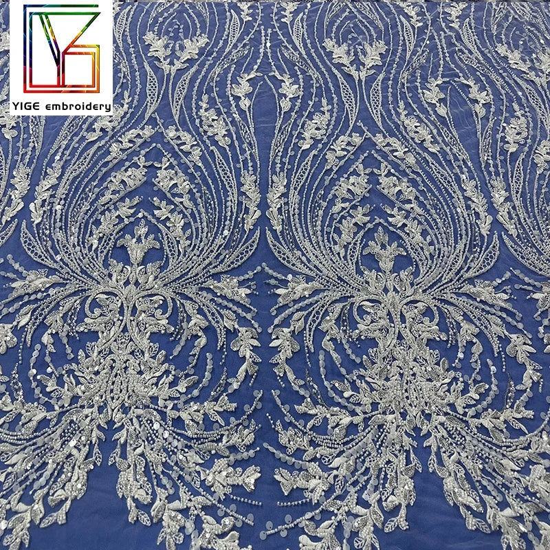 French White Bridal Tulle Beaded Sequin Lace Fabric Luxury Wedding Dress Heavy Embroidery With Beads Mesh Lace Fabric for Women