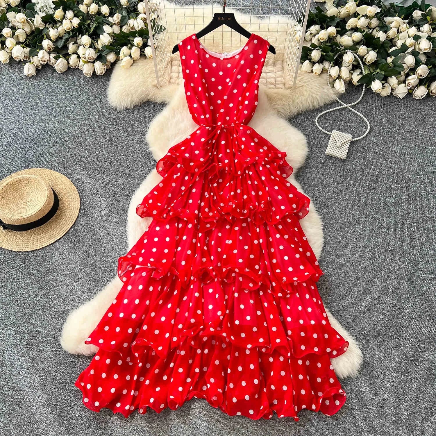 Summer Women's Premium Feeling Polka Dot Sleeveless Summer Waisted Casual Cake Dress
