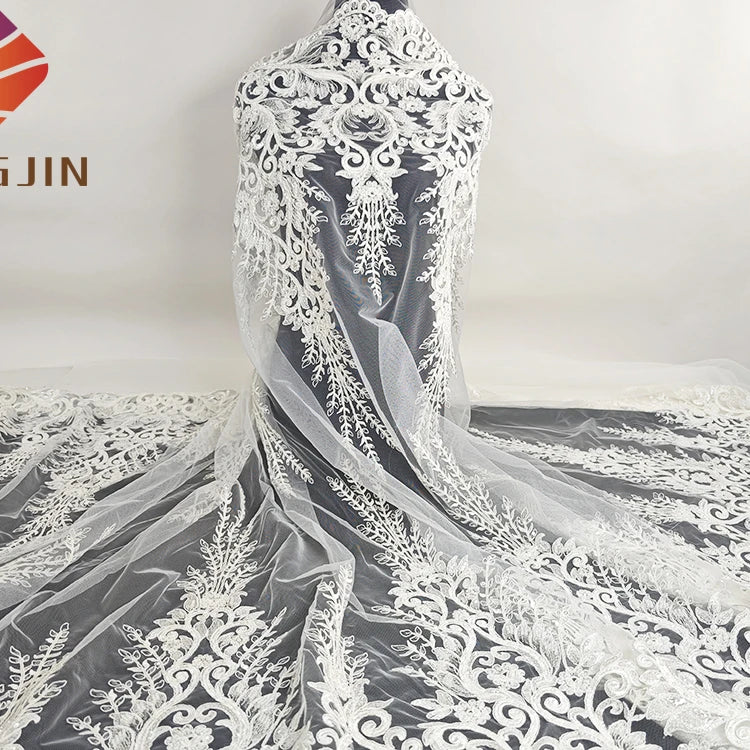 New Design Sequin Embroidered Mesh Fabric Luxury Hand Made Beaded Lace Fabric With Pearls for Bridal Dresses MegaBDM
