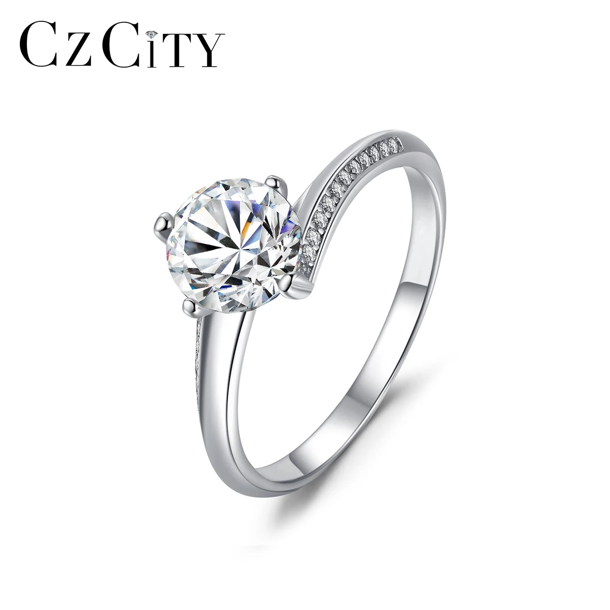 CZCITY Classic Design Engagement Diamond Moissanite 1Ct Lady Silver Design for Girl Woman Ring Luxury