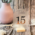 GOLD  Personalized Frosted Acrylic Arch Table Sign Holder With Wooden Base for Reception Party Wedding Table Numbers