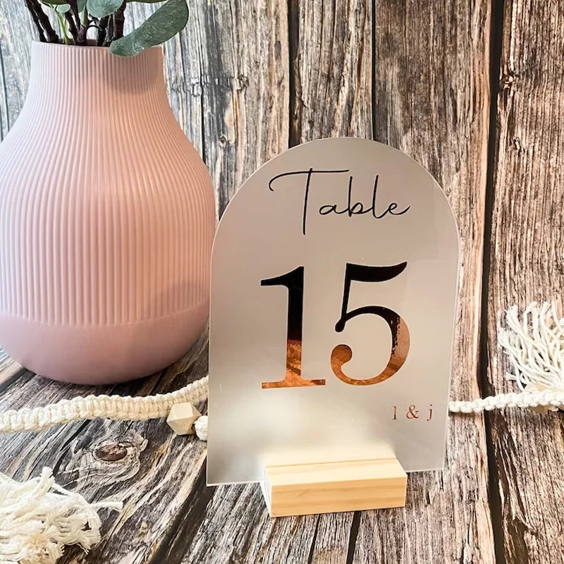 GOLD  Personalized Frosted Acrylic Arch Table Sign Holder With Wooden Base for Reception Party Wedding Table Numbers