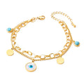 Fashion Trendy Stainless Steel Chain Link Bracelet Jewelry Double Layers Layered with Evil Eyes Turquoise Pendant Charm Jewelry