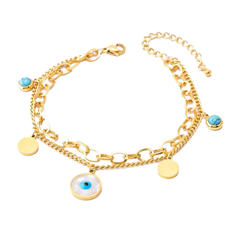 Fashion Trendy Stainless Steel Chain Link Bracelet Jewelry Double Layers Layered with Evil Eyes Turquoise Pendant Charm Jewelry