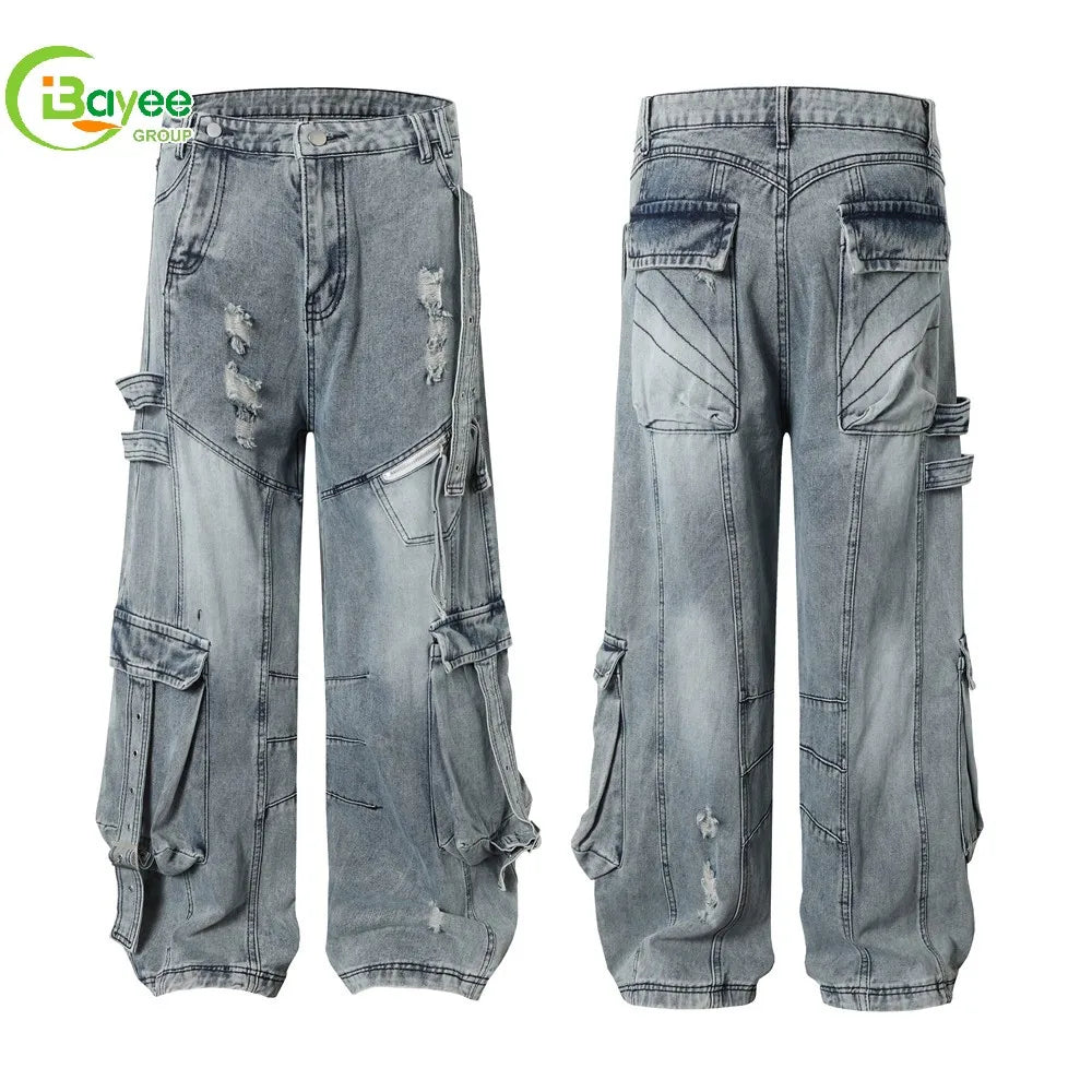 Washed Heavyweight Wide Leg Casual Mens Denim Jeans Pants Custom Stitch Big Pocket Designer Straight Fit Distressed Baggy Jeans