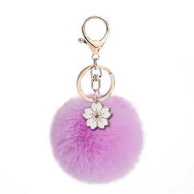 Fashion Bauhinia Pom Pom Keyring Fuzzy Pink Fur Ball Puffball KeyChain Furry Furball Keyring Puff Ball Key Chains Plush Keychain