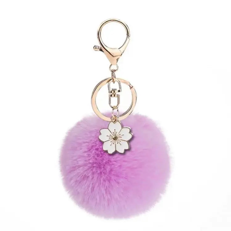 Fashion Bauhinia Pom Pom Keyring Fuzzy Pink Fur Ball Puffball KeyChain Furry Furball Keyring Puff Ball Key Chains Plush Keychain