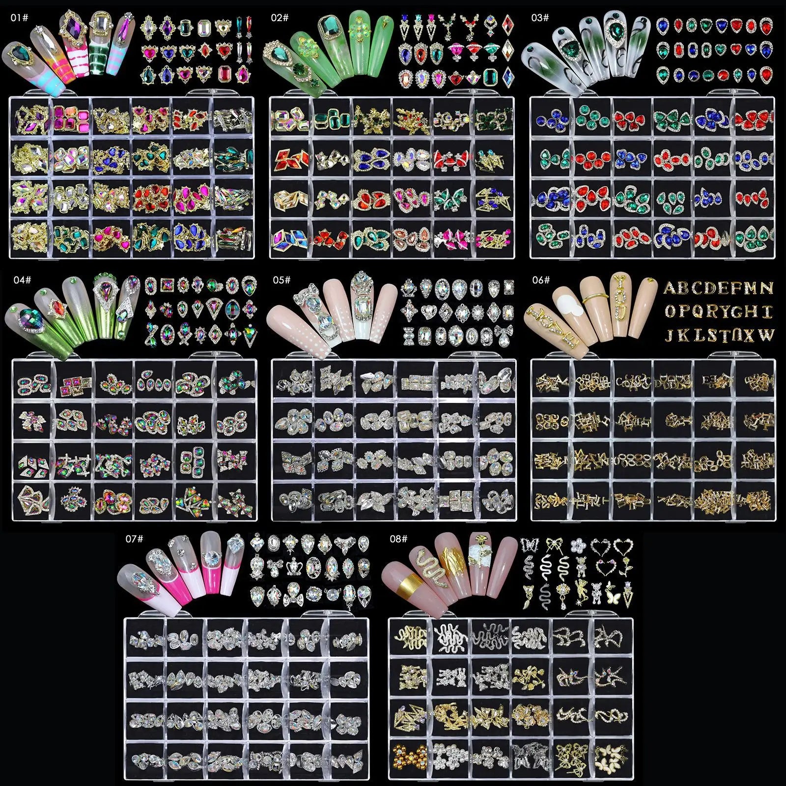 2024 New Arrival 3D 24 Grids Heart Crystal AB Planet Nail Decoration Bear Snake Nail Charm Rhinestone Gold Silver Colors Alloy
