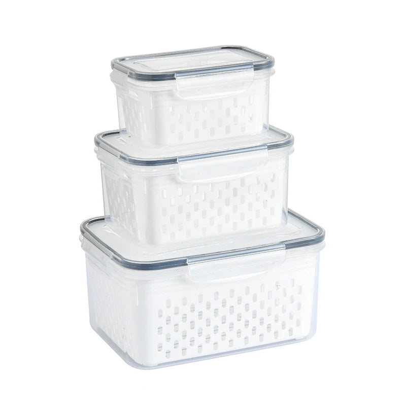 Transparent Food Storage Box with Drain Basket Three-piece Microwave Portable sealed Box with Lid Snap-on Food Storage Box