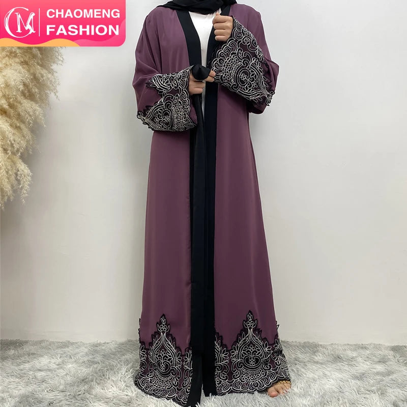 1962# Premium Quality New Nida Open Abaya With Silver Appliques Muslim Women Eid Fashion Cardigan 5 Colors